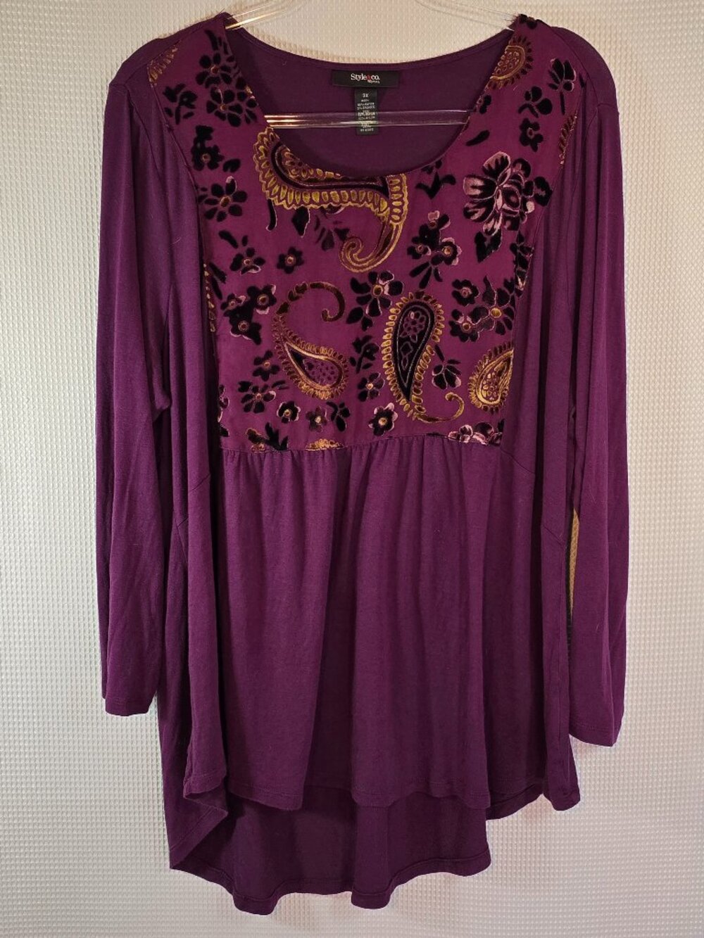 Style & Co 3X Purple Boho Paisley Velvet Burnout Hi Low Tunic